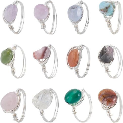 HOBBIESAY Stone Crystal Copper Wire Wrapped Finger Rings Natural Gemstone Rings Irregular Gem Ring for Women Christmas Wedding Birthday Party Gift in Saudi Arabia