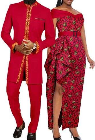 SkyWish ملابس الأزواج الأفارقة بازان ريتشي Dashiki فساتين أفريقية طويلة للنساء مباراة الرجال ملابس بلوزات وسراويل مجموعات in Kuwait