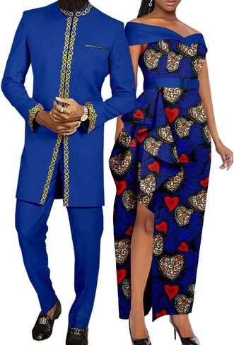 SkyWish ملابس الأزواج الأفارقة بازان ريتشي Dashiki فساتين أفريقية طويلة للنساء مباراة الرجال ملابس بلوزات وسراويل مجموعات in Kuwait