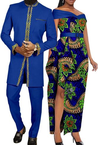 SkyWish ملابس الأزواج الأفارقة بازان ريتشي Dashiki فساتين أفريقية طويلة للنساء مباراة الرجال ملابس بلوزات وسراويل مجموعات in Kuwait