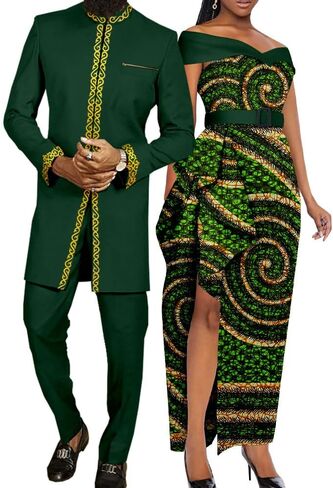 SkyWish ملابس الأزواج الأفارقة بازان ريتشي Dashiki فساتين أفريقية طويلة للنساء مباراة الرجال ملابس بلوزات وسراويل مجموعات in Kuwait
