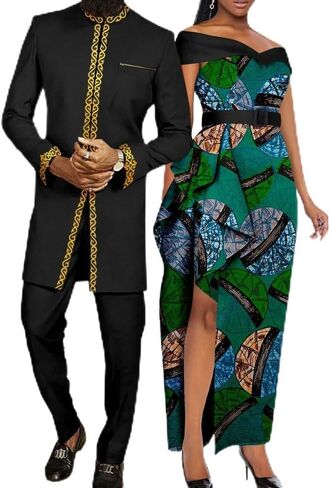 SkyWish ملابس الأزواج الأفارقة بازان ريتشي Dashiki فساتين أفريقية طويلة للنساء مباراة الرجال ملابس بلوزات وسراويل مجموعات in Kuwait