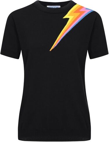 OXKnit Women's 1960s Retro Black Short Sleeve T-Shirts, Lightning Sleeve Crewneck Casual Knitted Tops in Saudi Arabia
