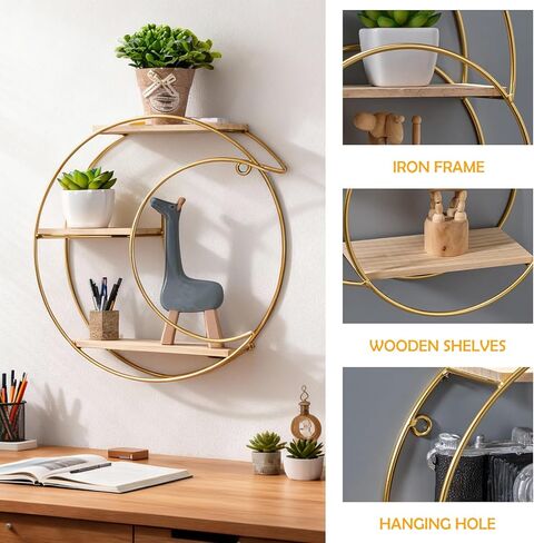 Seyont Moon Wall Shelf - Gold Metal Floating Shelves for Wall Decor and Storage, 3 Tier Hanging Shelf for Bedroom, Bathroom, Nursery, Boho Style Display Organizer in Saudi Arabia
