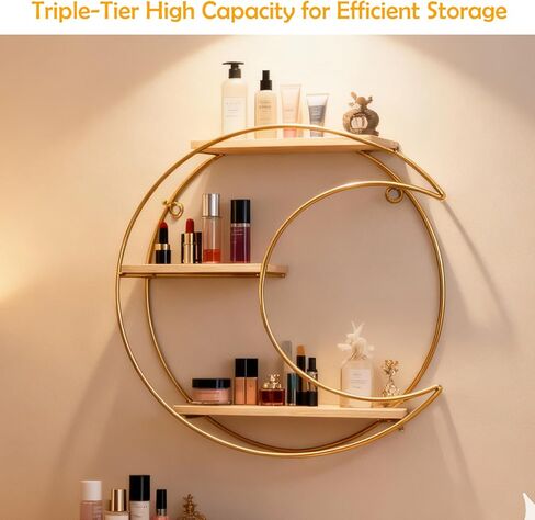 Seyont Moon Wall Shelf - Gold Metal Floating Shelves for Wall Decor and Storage, 3 Tier Hanging Shelf for Bedroom, Bathroom, Nursery, Boho Style Display Organizer in Saudi Arabia