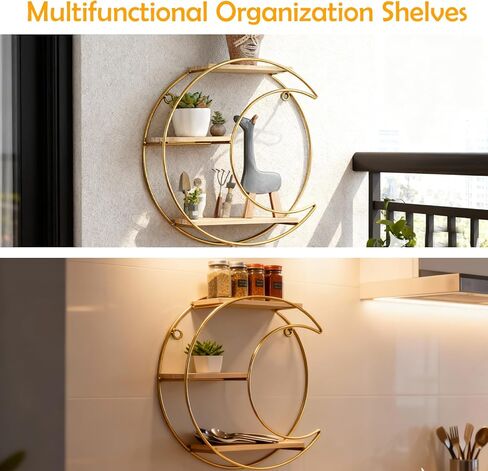 Seyont Moon Wall Shelf - Gold Metal Floating Shelves for Wall Decor and Storage, 3 Tier Hanging Shelf for Bedroom, Bathroom, Nursery, Boho Style Display Organizer in Saudi Arabia