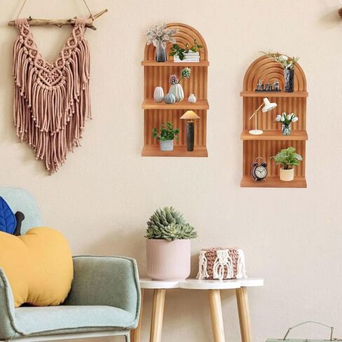 Qivine 2Pcs Boho Shelves for Wall, 3 Tier Rainbow Arch Wooden Floating Shleves, Boho Mid Century Shelf with Arched Wood Design Wall Mounted for Living Room, Bedroom, Bathroom Decor (Brown, 3-Tier) in Saudi Arabia