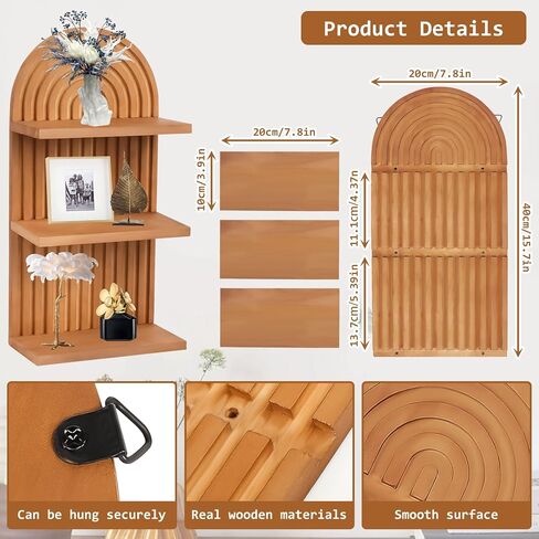 Qivine 2Pcs Boho Shelves for Wall, 3 Tier Rainbow Arch Wooden Floating Shleves, Boho Mid Century Shelf with Arched Wood Design Wall Mounted for Living Room, Bedroom, Bathroom Decor (Brown, 3-Tier) in Saudi Arabia