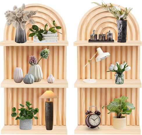 Qivine 2Pcs Boho Shelves for Wall, 3 Tier Rainbow Arch Wooden Floating Shleves, Boho Mid Century Shelf with Arched Wood Design Wall Mounted for Living Room, Bedroom, Bathroom Decor (Brown, 3-Tier) in Saudi Arabia