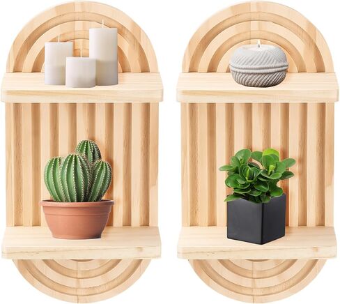 Qivine 2Pcs Boho Shelves for Wall, 3 Tier Rainbow Arch Wooden Floating Shleves, Boho Mid Century Shelf with Arched Wood Design Wall Mounted for Living Room, Bedroom, Bathroom Decor (Brown, 3-Tier) in Kuwait