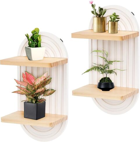 Qivine 2Pcs Boho Shelves for Wall, 3 Tier Rainbow Arch Wooden Floating Shleves, Boho Mid Century Shelf with Arched Wood Design Wall Mounted for Living Room, Bedroom, Bathroom Decor (Brown, 3-Tier) in Saudi Arabia