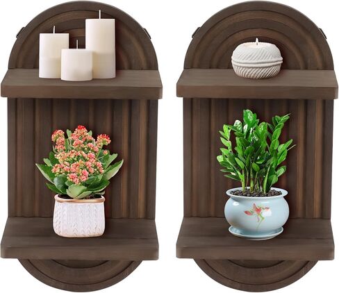 Qivine 2Pcs Boho Shelves for Wall, 3 Tier Rainbow Arch Wooden Floating Shleves, Boho Mid Century Shelf with Arched Wood Design Wall Mounted for Living Room, Bedroom, Bathroom Decor (Brown, 3-Tier) in Saudi Arabia