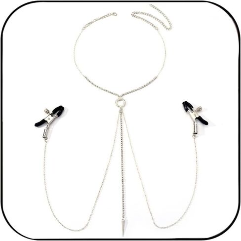 Adjustable Nipple Clamps with Chain Necklace for Women Non Piercing Beginner Plus Size Rhinestone Silver Body Chain Bra Drop Jewelry in Saudi Arabia