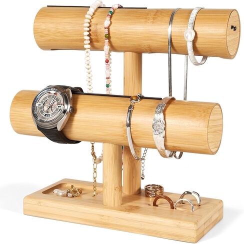 LED Bamboo Jewelry Organizer Stand - Bracelet Holder, Jewelry Organizers and Storage for Necklace, Watch, Earring, Ring - Built-in LED Light Natural Wooden Jewelry Display Stand for Dresser Decor in Saudi Arabia