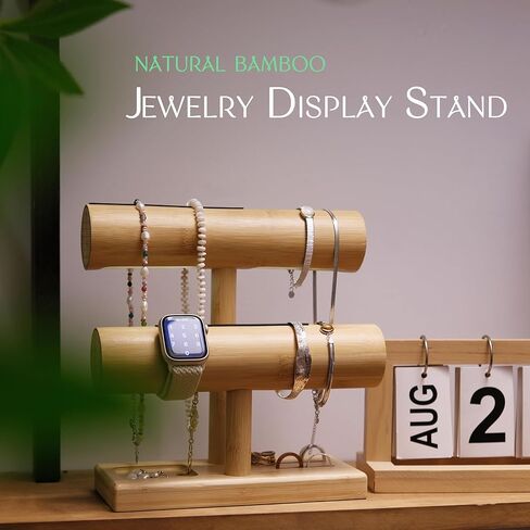 LED Bamboo Jewelry Organizer Stand - Bracelet Holder, Jewelry Organizers and Storage for Necklace, Watch, Earring, Ring - Built-in LED Light Natural Wooden Jewelry Display Stand for Dresser Decor in Saudi Arabia