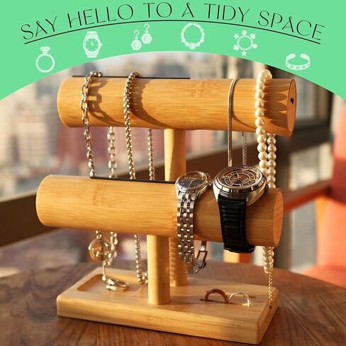 LED Bamboo Jewelry Organizer Stand - Bracelet Holder, Jewelry Organizers and Storage for Necklace, Watch, Earring, Ring - Built-in LED Light Natural Wooden Jewelry Display Stand for Dresser Decor in Saudi Arabia