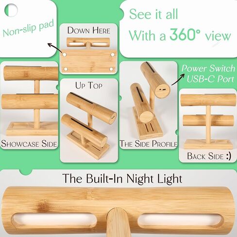 LED Bamboo Jewelry Organizer Stand - Bracelet Holder, Jewelry Organizers and Storage for Necklace, Watch, Earring, Ring - Built-in LED Light Natural Wooden Jewelry Display Stand for Dresser Decor in Saudi Arabia
