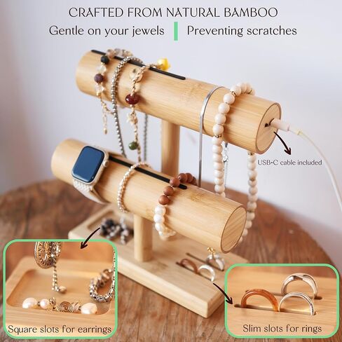 LED Bamboo Jewelry Organizer Stand - Bracelet Holder, Jewelry Organizers and Storage for Necklace, Watch, Earring, Ring - Built-in LED Light Natural Wooden Jewelry Display Stand for Dresser Decor in Saudi Arabia