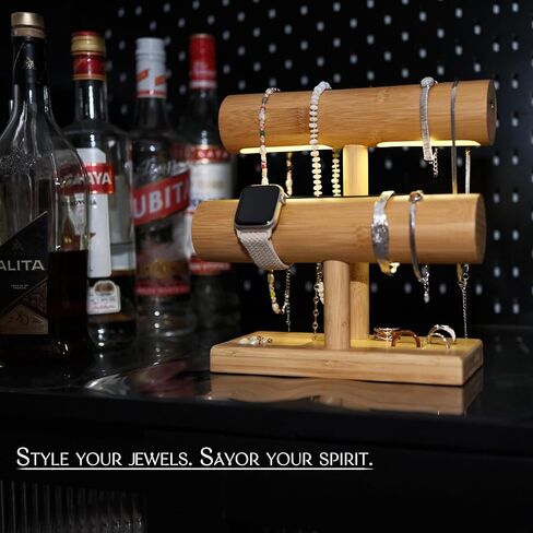 LED Bamboo Jewelry Organizer Stand - Bracelet Holder, Jewelry Organizers and Storage for Necklace, Watch, Earring, Ring - Built-in LED Light Natural Wooden Jewelry Display Stand for Dresser Decor in Saudi Arabia