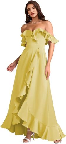 ZJCCKD فستان وصيفة العروس مكشكش مكشوف الكتفين لحفلات الزفاف 2026 من الساتان أنيق بدون ظهر فساتين سهرة رسمية in Kuwait