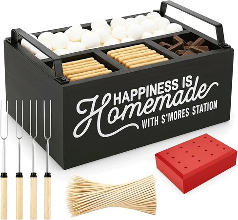 lynorra 4-in-1 Smores Station with Wooden Stand, Forks & Bamboo Sticks | Smores Station Caddy Organizer & Farmhouse Smores Bar Holder for Indoor Outdoor Use, Camping, BBQ, Parties & Housewarming Gift in Saudi Arabia