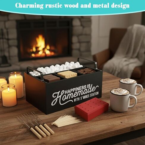 lynorra 4-in-1 Smores Station with Wooden Stand, Forks & Bamboo Sticks | Smores Station Caddy Organizer & Farmhouse Smores Bar Holder for Indoor Outdoor Use, Camping, BBQ, Parties & Housewarming Gift in Saudi Arabia