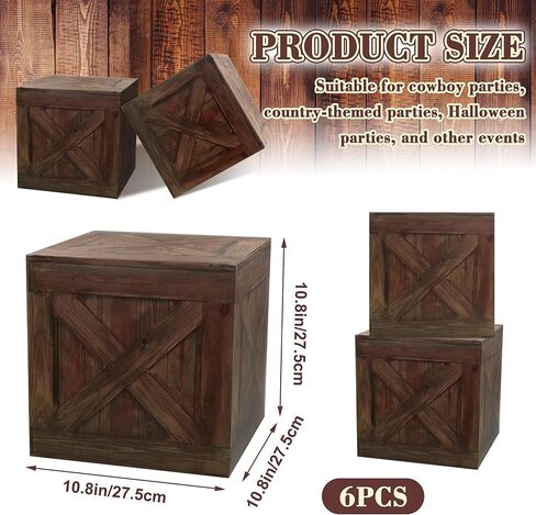 ATSKIM 6 عبوات من صندوق ديكورات الحفلات ذات الطابع الغربي، بالات القش المزيفة للديكور، صناديق خشبية مقاس 10.8 بوصة، صناديق خشبية مقلدة، دعامات كشك الصور لحصاد الخريف في المزرعة (بني داكن) in Kuwait