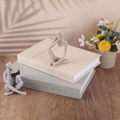 Decorative Books & Thinker Sculptures Set - Linen Boxes & Resin Figurines Enhance Your Bookshelf, Coffee Table or Mantle Decor - Living or Dining Room Home Decoration Aesthetic, Keepsake/Photo Storage in Saudi Arabia
