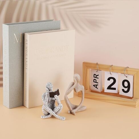 Decorative Books & Thinker Sculptures Set - Linen Boxes & Resin Figurines Enhance Your Bookshelf, Coffee Table or Mantle Decor - Living or Dining Room Home Decoration Aesthetic, Keepsake/Photo Storage in Saudi Arabia