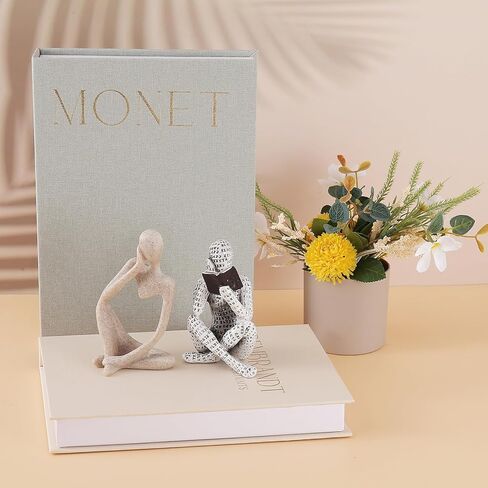 Decorative Books & Thinker Sculptures Set - Linen Boxes & Resin Figurines Enhance Your Bookshelf, Coffee Table or Mantle Decor - Living or Dining Room Home Decoration Aesthetic, Keepsake/Photo Storage in Saudi Arabia