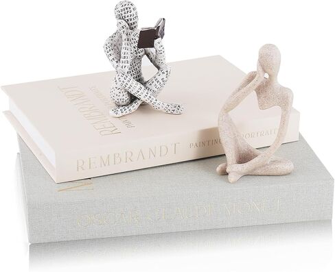 Decorative Books & Thinker Sculptures Set - Linen Boxes & Resin Figurines Enhance Your Bookshelf, Coffee Table or Mantle Decor - Living or Dining Room Home Decoration Aesthetic, Keepsake/Photo Storage in Saudi Arabia