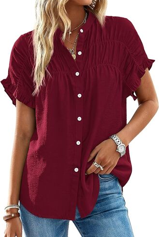 MASCOMODA Womens 2025 Button Down Shirts Ruffle Short Sleeve Loose Summer Tops Dressy Casual V Neck Business Work Blouses in Kuwait