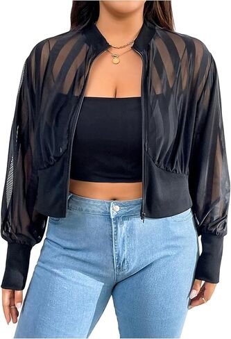 OYOANGLE Women's Plus Size Sheer Mesh Crop Bomber Jacket Lightweight Striped Long Sleeve Zip Up Outwear in Saudi Arabia