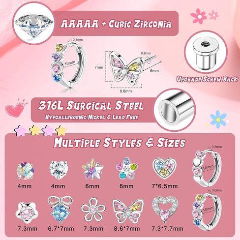 LOYALLOOK Hypoallergenic Surgical Steel Earrings for Women - 12Pairs Screw Back Earrings for Sensitive Ears Cute Stud Earrings Dainty Flower Bow Flat Back Stud Hoop Earring Set in Saudi Arabia