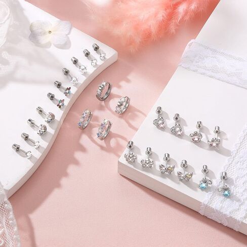 LOYALLOOK Hypoallergenic Surgical Steel Earrings for Women - 12Pairs Screw Back Earrings for Sensitive Ears Cute Stud Earrings Dainty Flower Bow Flat Back Stud Hoop Earring Set in Saudi Arabia
