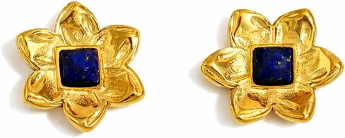 Gold Flower Stud Earrings with Blue Square Accent in Saudi Arabia