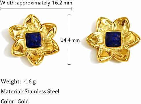 Gold Flower Stud Earrings with Blue Square Accent in Saudi Arabia