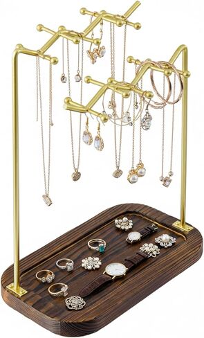 MyGift Rustic Solid Wood & Brass Tone Metal Tabletop Jewelry Organizer – Necklace, Bracelet, Earring Stand with Built-In Ring Tray in Saudi Arabia