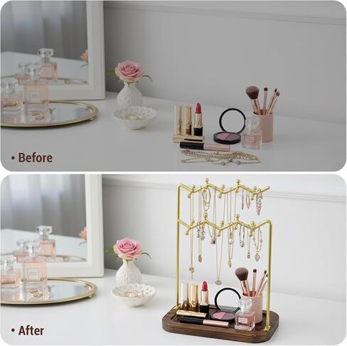 MyGift Rustic Solid Wood & Brass Tone Metal Tabletop Jewelry Organizer – Necklace, Bracelet, Earring Stand with Built-In Ring Tray in Saudi Arabia