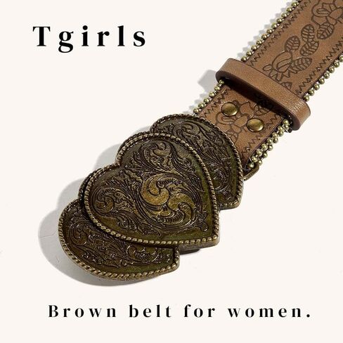 Tgirls Brown Western Belt for Women Cowboys Cowgirls Belt for Jeans Vintage Country Belts with Floral Embose Buckle in Saudi Arabia