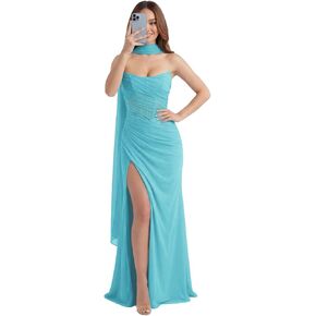 WENKAFO Corset Formal Dress for Women with Scarf Chiffon Pleated Strapless Long Mermaid Prom Dress Ball Gown 2026 with Slit in Kuwait
