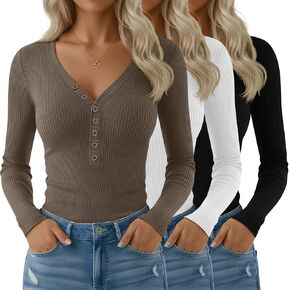 Velvelhall 3 Pack Women's Long Sleeve Henley Shirts Cotton Ribbed V Neck Tops Casual Tees Fall Basic Blouses in Kuwait