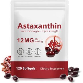 AEBEFBAW Astaxanthin 12mg، 120 كبسولة هلامية، مضاد أكسدة أستازانتين ممتاز، طحالب دقيقة طبيعية، دعم صحي متعدد التأثيرات للعين والمفاصل والدورة الدموية الداخلية وصحة الجلد in Kuwait
