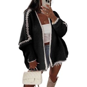 Vakkest سترات صوفية نسائية مفتوحة من الأمام بأكمام طويلة مخططة كبيرة الحجم مترهل مكتنزة متماسكة معاطف الخريف الخارجية in Kuwait