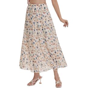Women Coastal Cowgirl Flowy Maxi Skirts - Boho Summer Chiffon Floral High Waist Pleated A-Line Flared Long Skirt in Kuwait