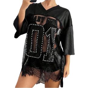 WDIRARA Women's Lace Mesh Jersey Mini Dress Number Graphic 3/4 Sleeve V Neck T Shirt Dress in Saudi Arabia