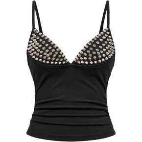 RoseSeek Women's Rivets Cami Top Sleeveless V Neck Crop Tops Grunge Punk Y2k Camisole Tops in Saudi Arabia