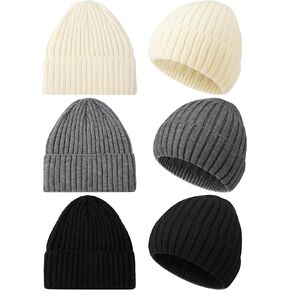 Shihanee 3 Pack Warm Wool Knit Beanie Hats for Women Men Slouchy Ribbed Cuffed Winter Hat for Cold Weather Outdoor Ski Sports, Black Dark Gray Beige in Kuwait