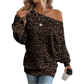 RoseSeek Women's Leopard Print Chunky Sweaters Off Shoulder Long Sleeve Loose Knit Pullover Tops in Saudi Arabia