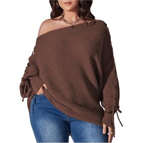 SOLY HUX Plus Size Off The Shoulder Sweaters for Women Lace Up Long Sleeve Knit Pullover Tops in Saudi Arabia